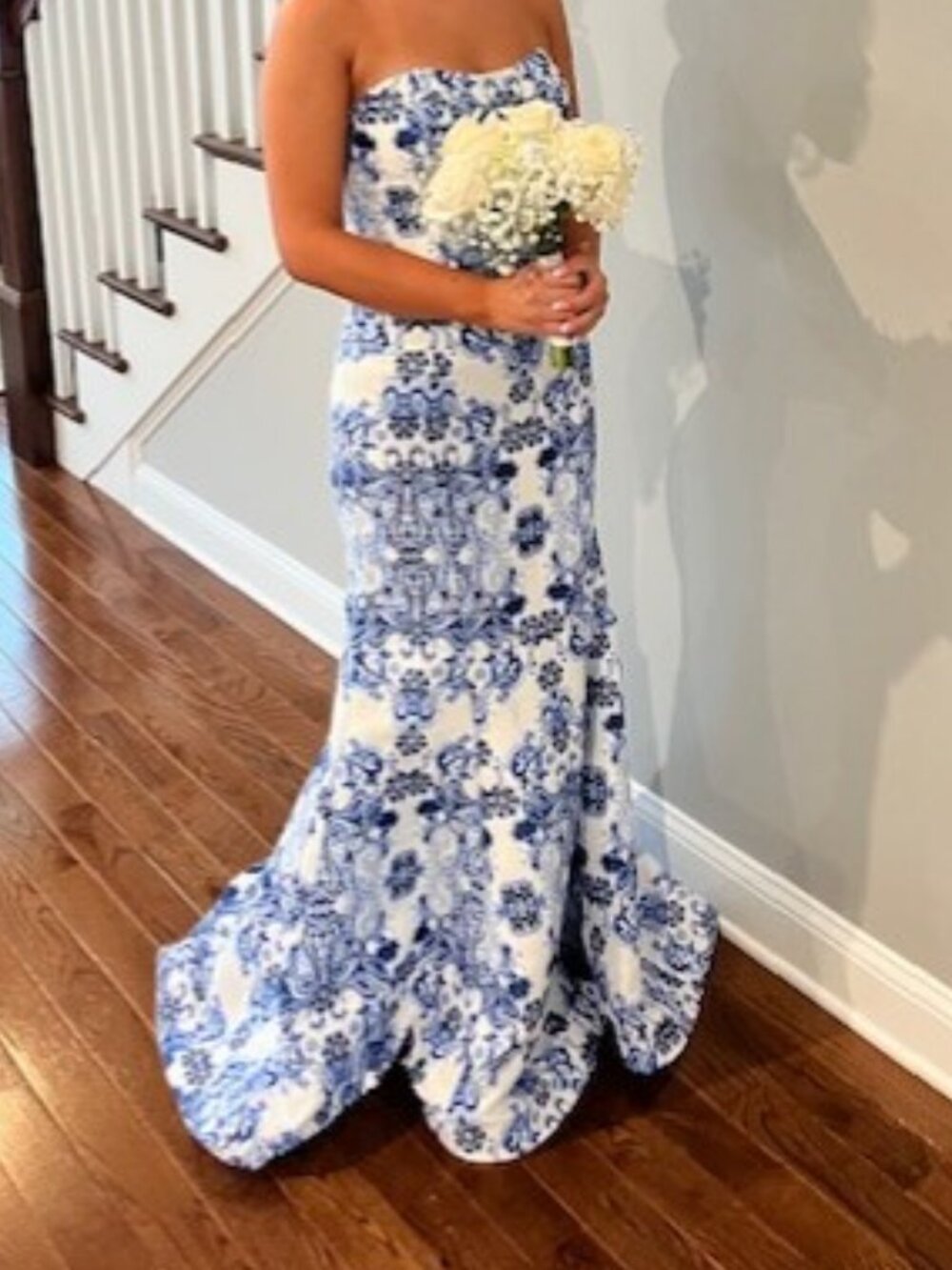 Prom Dress: Strapless Blue and White Floral - Picture 5 of 7
